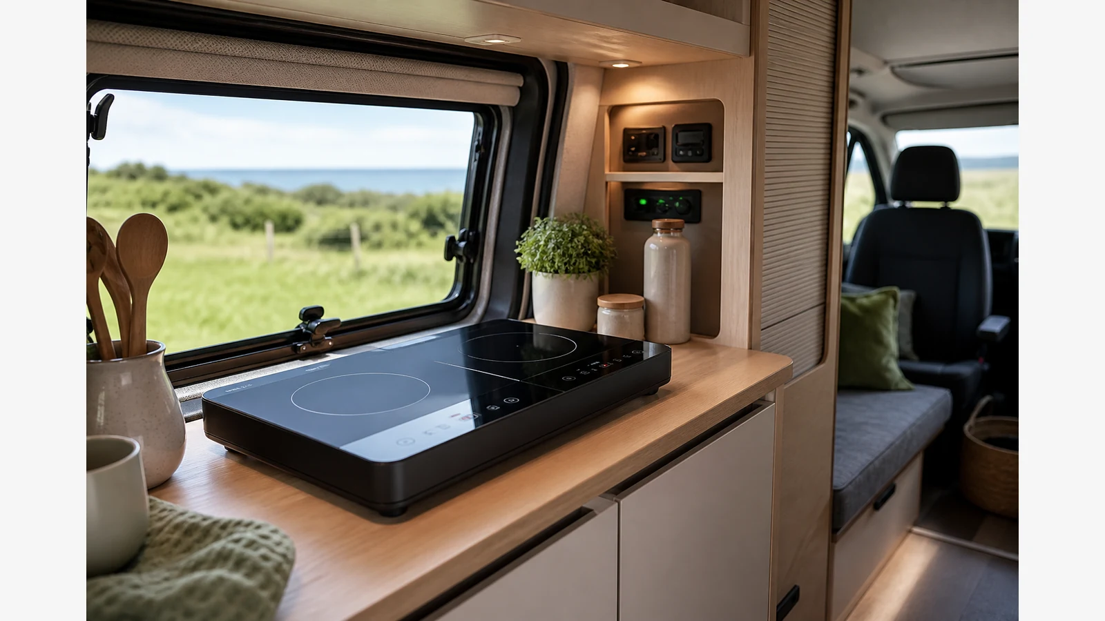 Portable double induction hob set up in a UK campervan kitchen galley