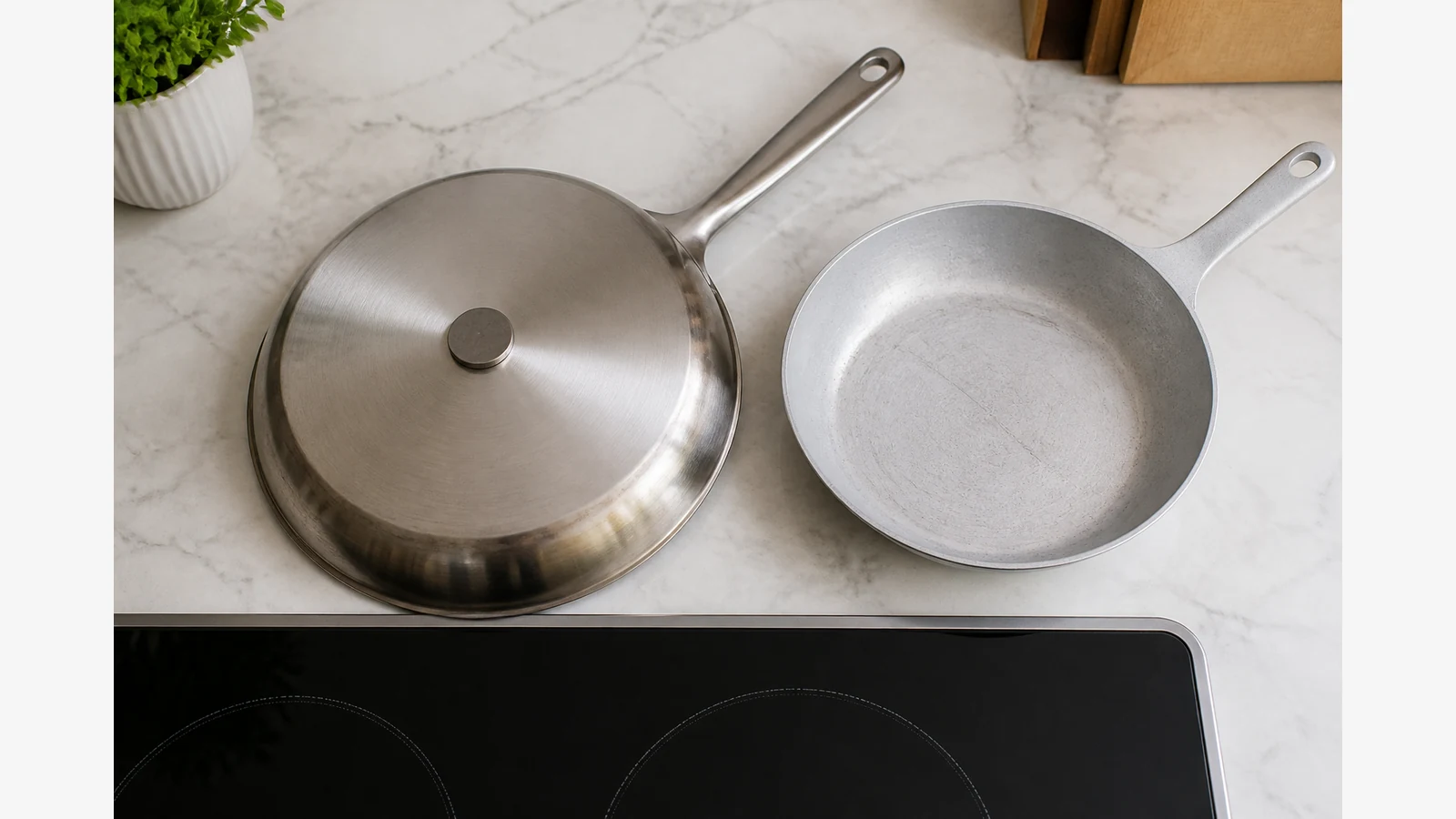 Magnet sticking to an induction-compatible pan base beside a portable induction hob