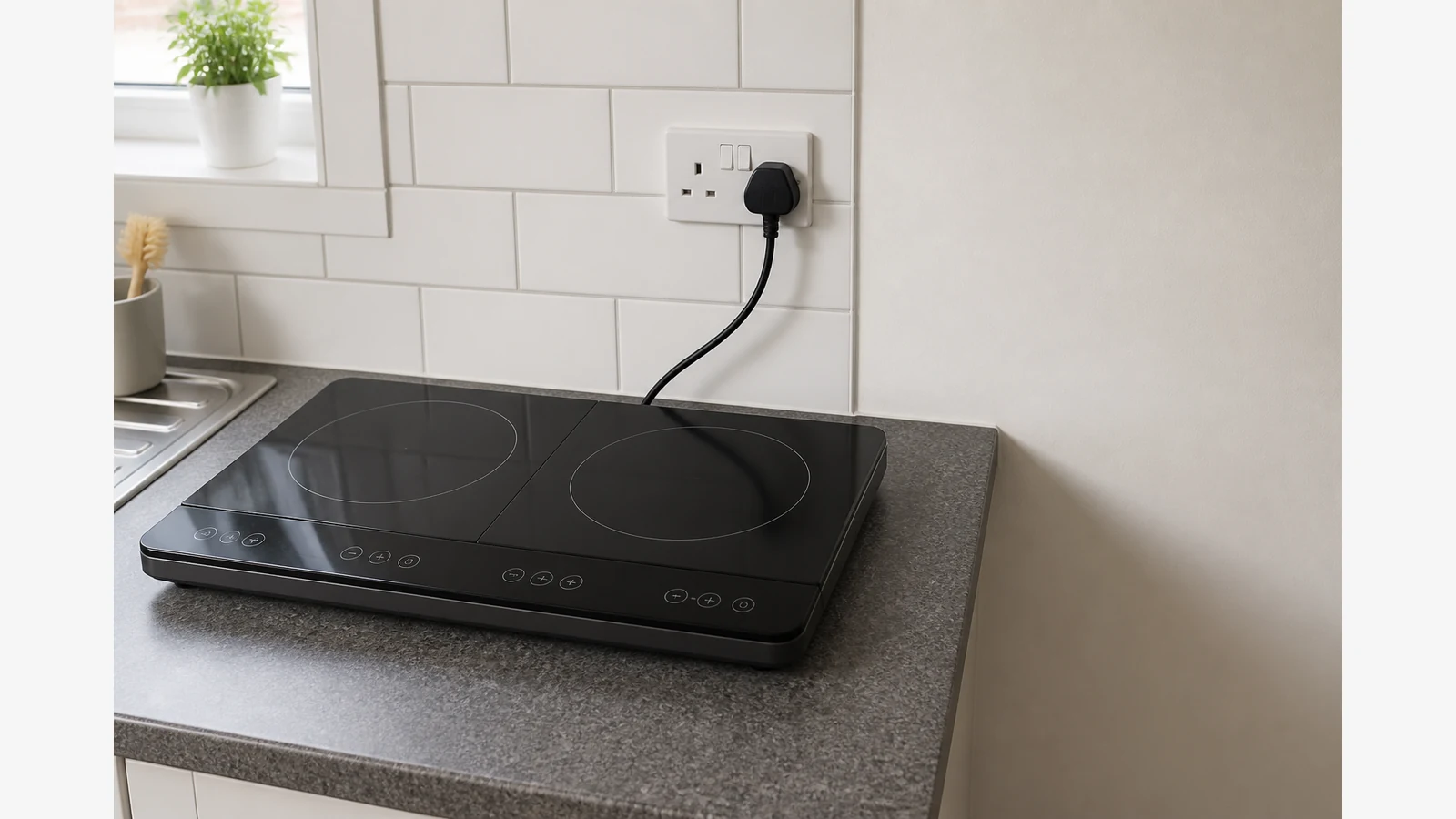 Portable double induction hob plugged into a standard UK three-pin socket on a small kitchen counter