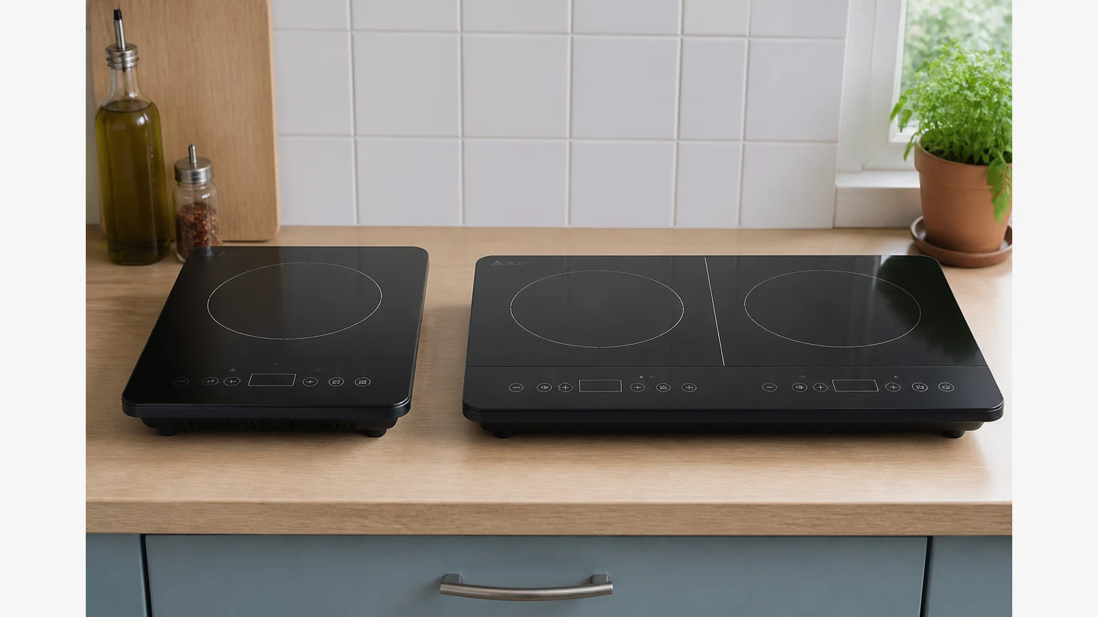 Single-zone and double-zone portable induction hobs compared on a compact UK kitchen counter